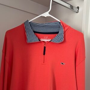 Vineyard Vines Men's Polo in Coral with Navy Striped Collar